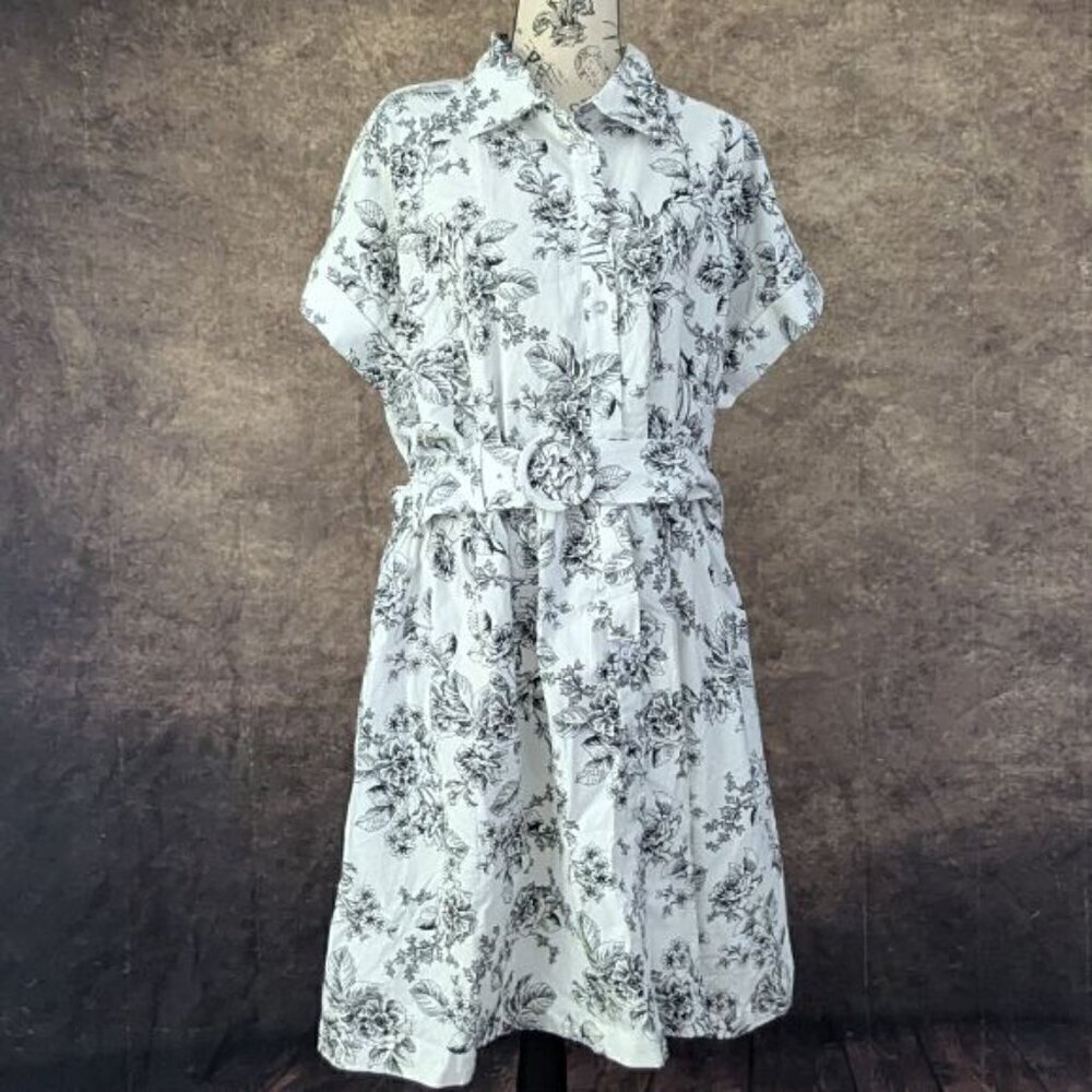 Rachel Parcell White Black Floral Print Dress Belted Size 10